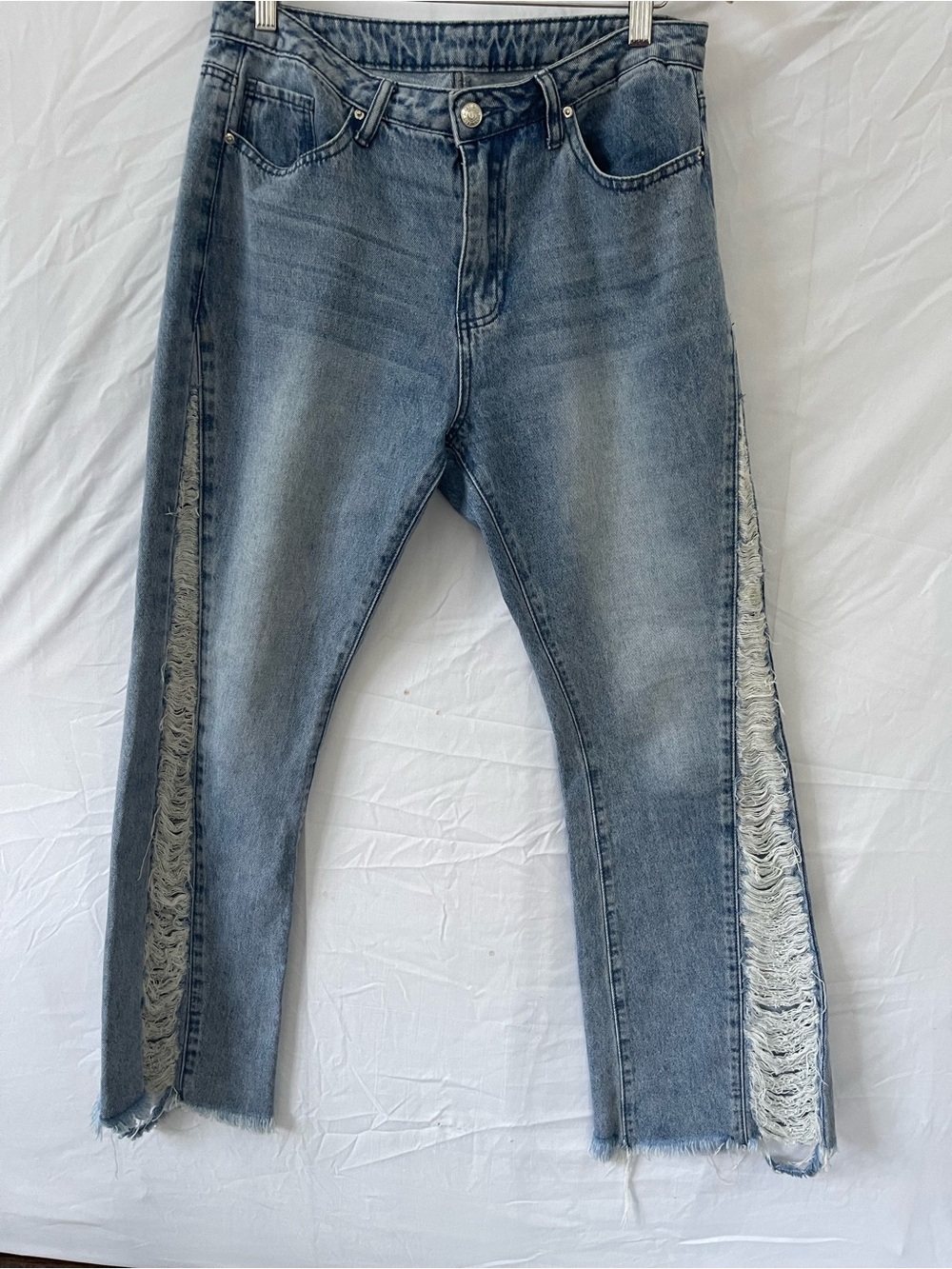 SHEIN Light Blue Distressed Side-Strip Jeans